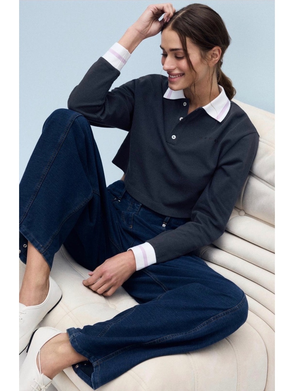 Marni Cropped Logo Polo Top Navy Cotton Long Sleeve IT 38 US 2